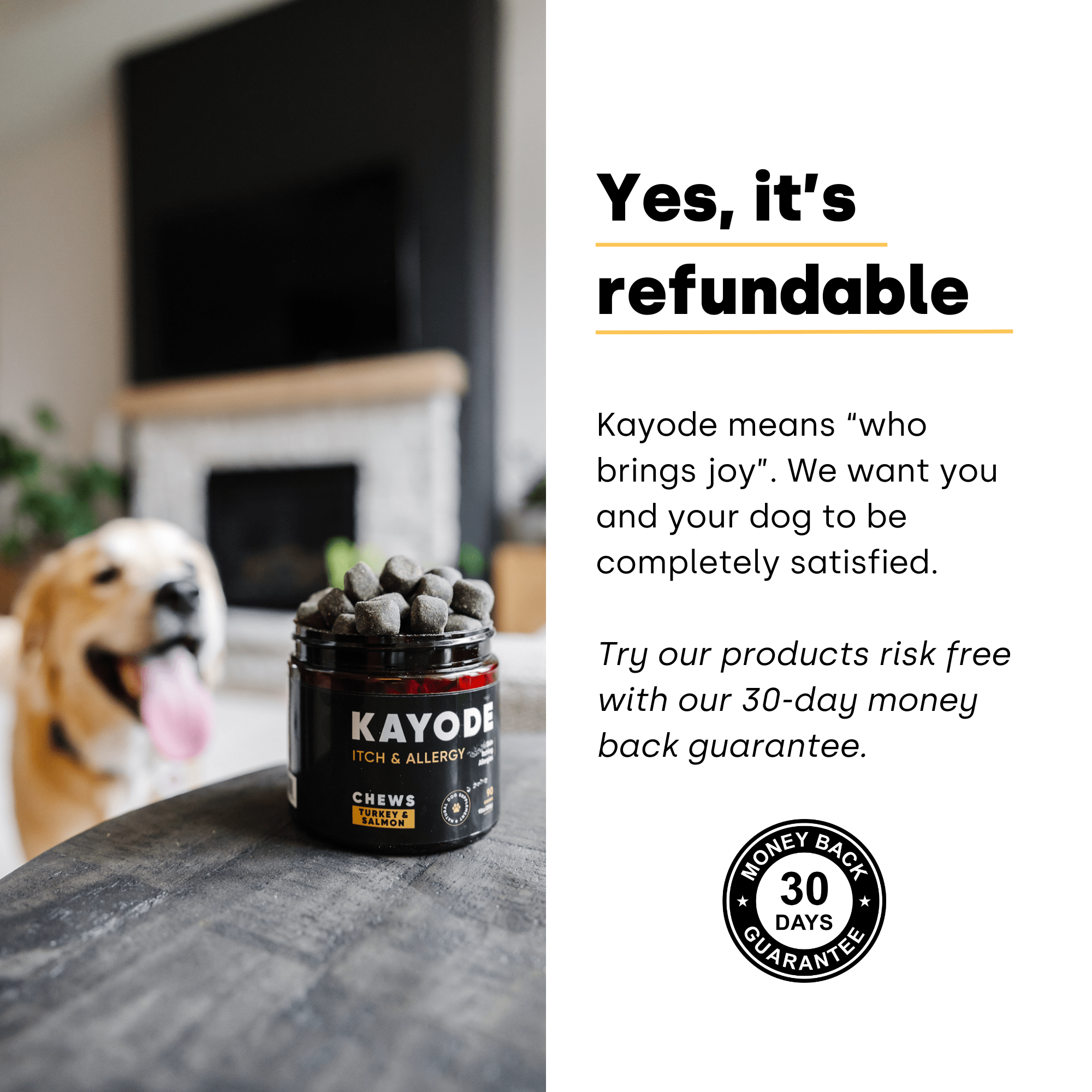 Container of Kayode Doggie Greens chews for dogs, promoting gut, skin, energy, and immunity.