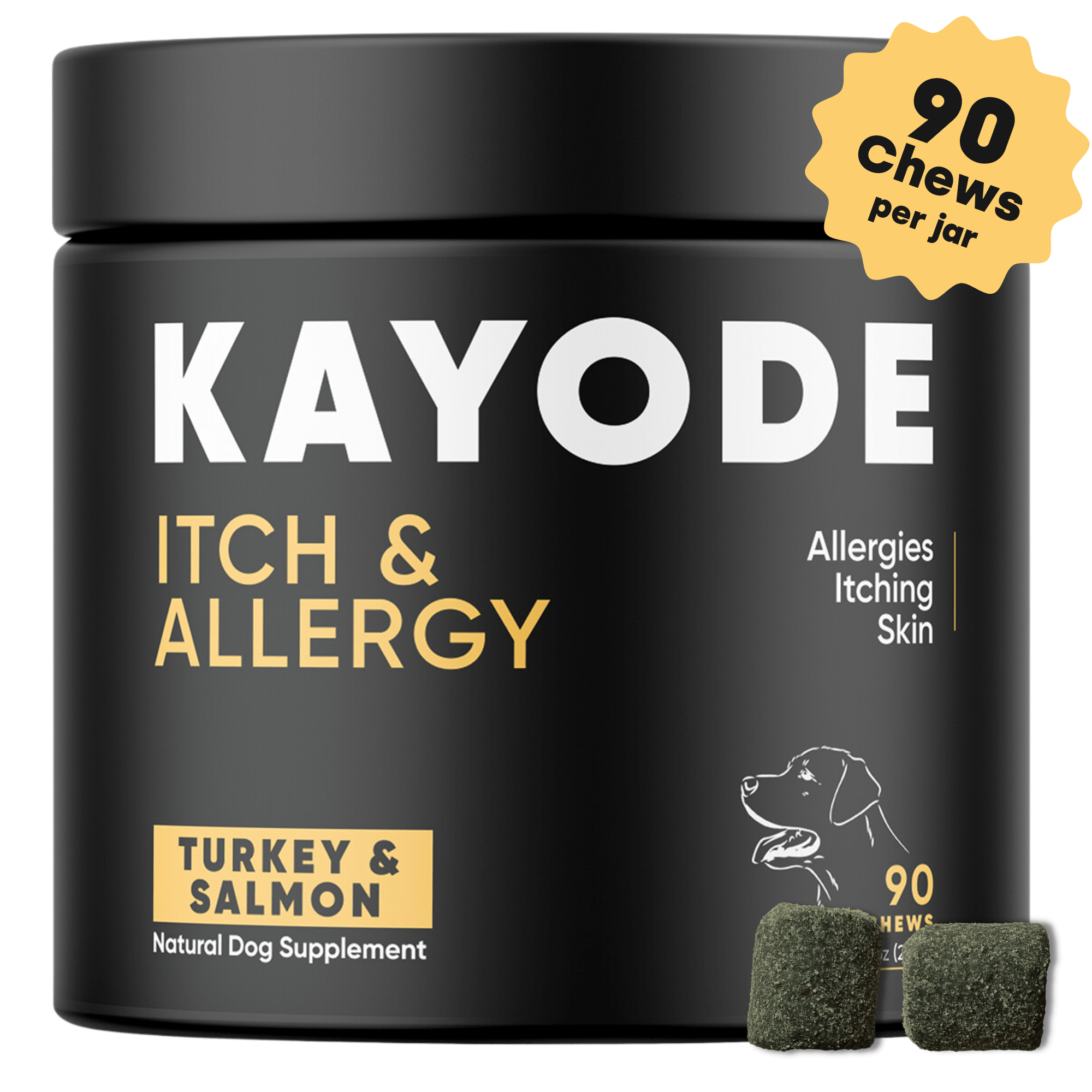 Container of Kayode Doggie Greens chews for dogs, promoting gut, skin, energy, and immunity.