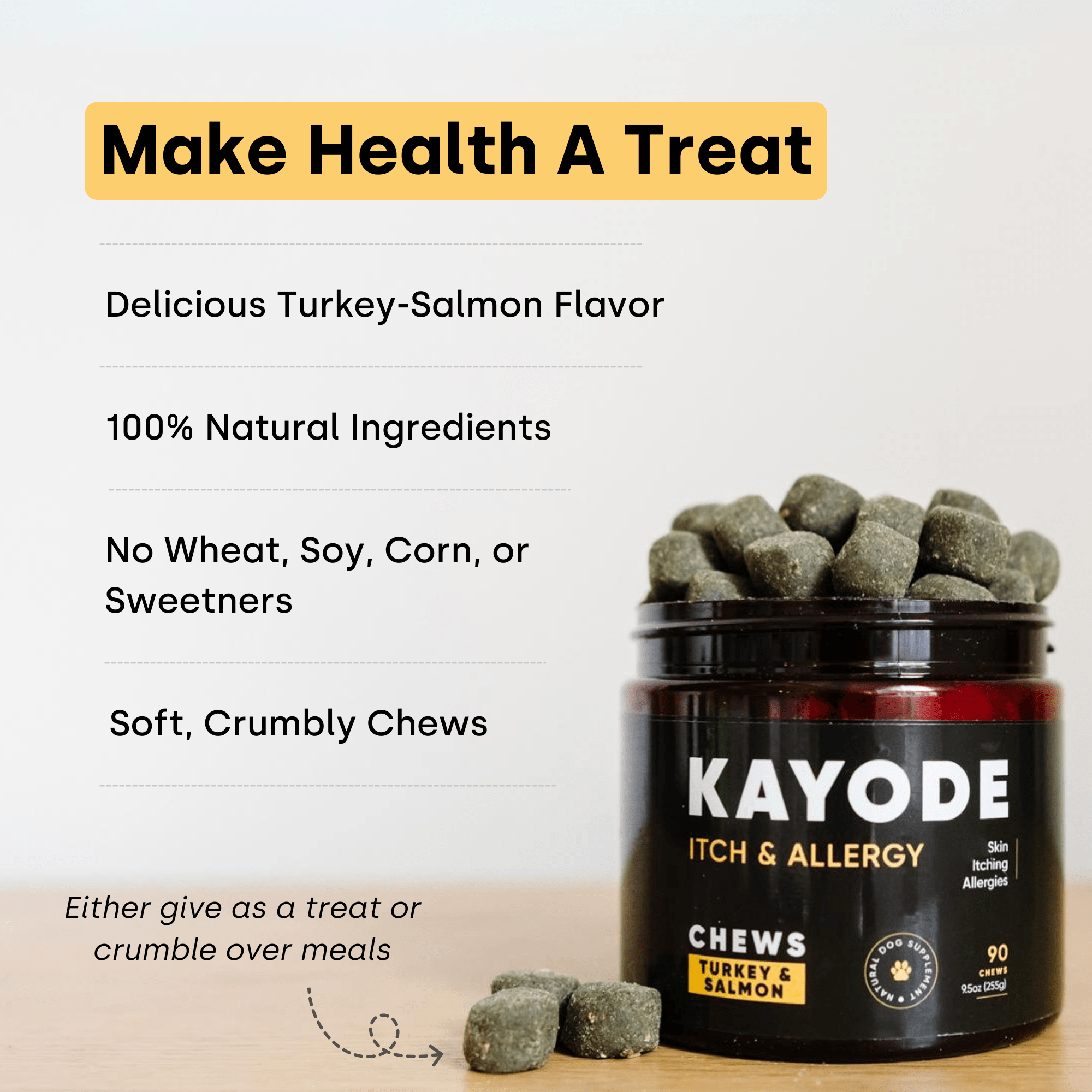 Container of Kayode Doggie Greens chews for dogs, promoting gut, skin, energy, and immunity.