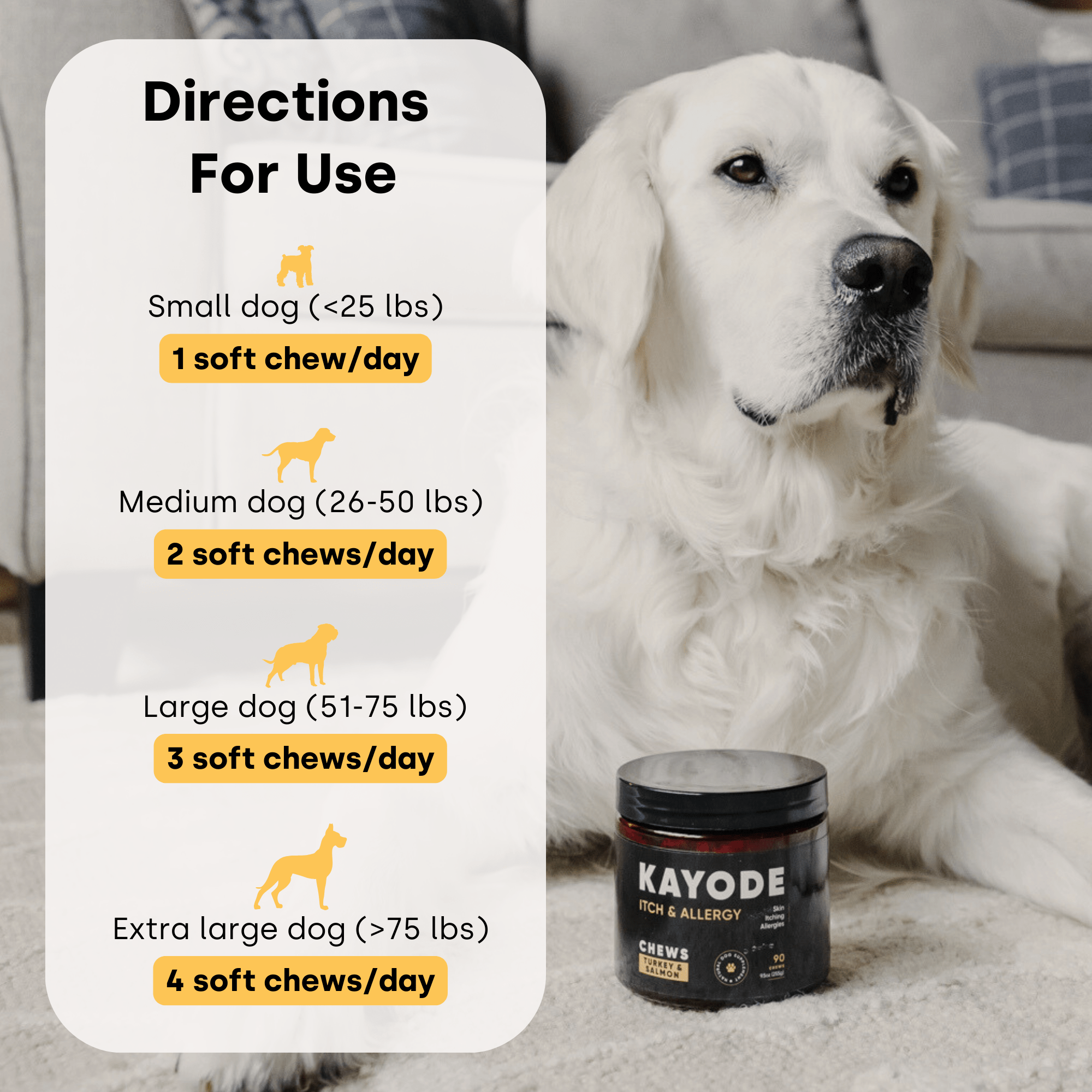 Container of Kayode Doggie Greens chews for dogs, promoting gut, skin, energy, and immunity.