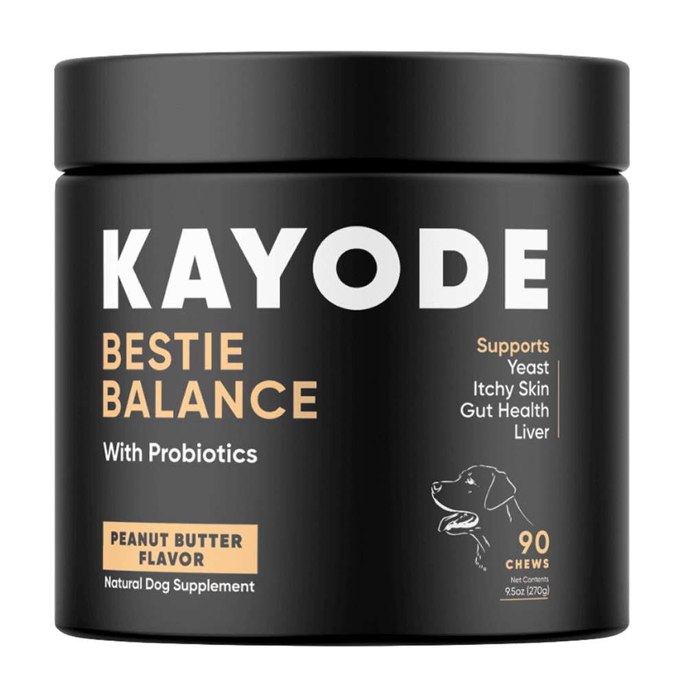 Container of Kayode Doggie Greens chews for dogs, promoting gut, skin, energy, and immunity.
