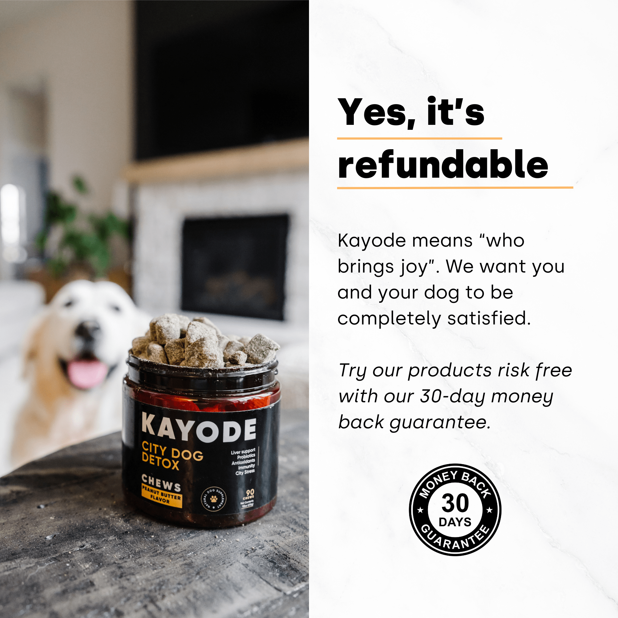 Container of Kayode Doggie Greens chews for dogs, promoting gut, skin, energy, and immunity.