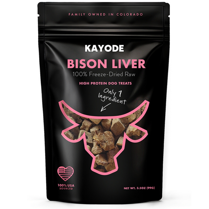 Bag of freeze-dried bison liver dog treats with a unique design.