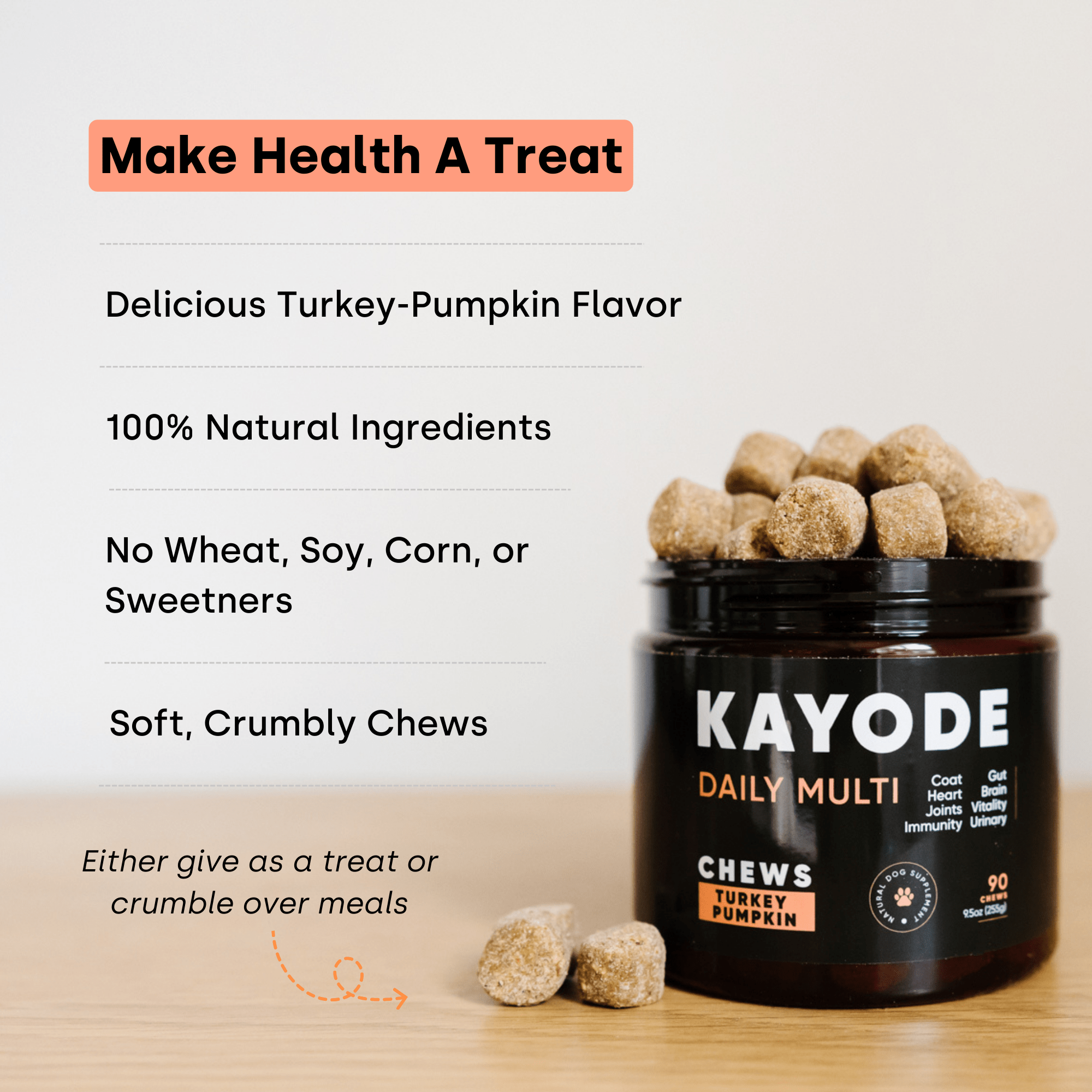 Container of Kayode Doggie Greens chews for dogs, promoting gut, skin, energy, and immunity.