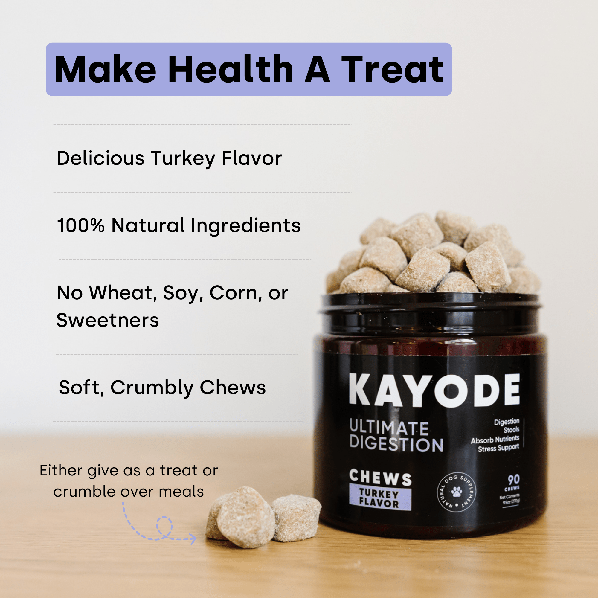 Container of Kayode Doggie Greens chews for dogs, promoting gut, skin, energy, and immunity.