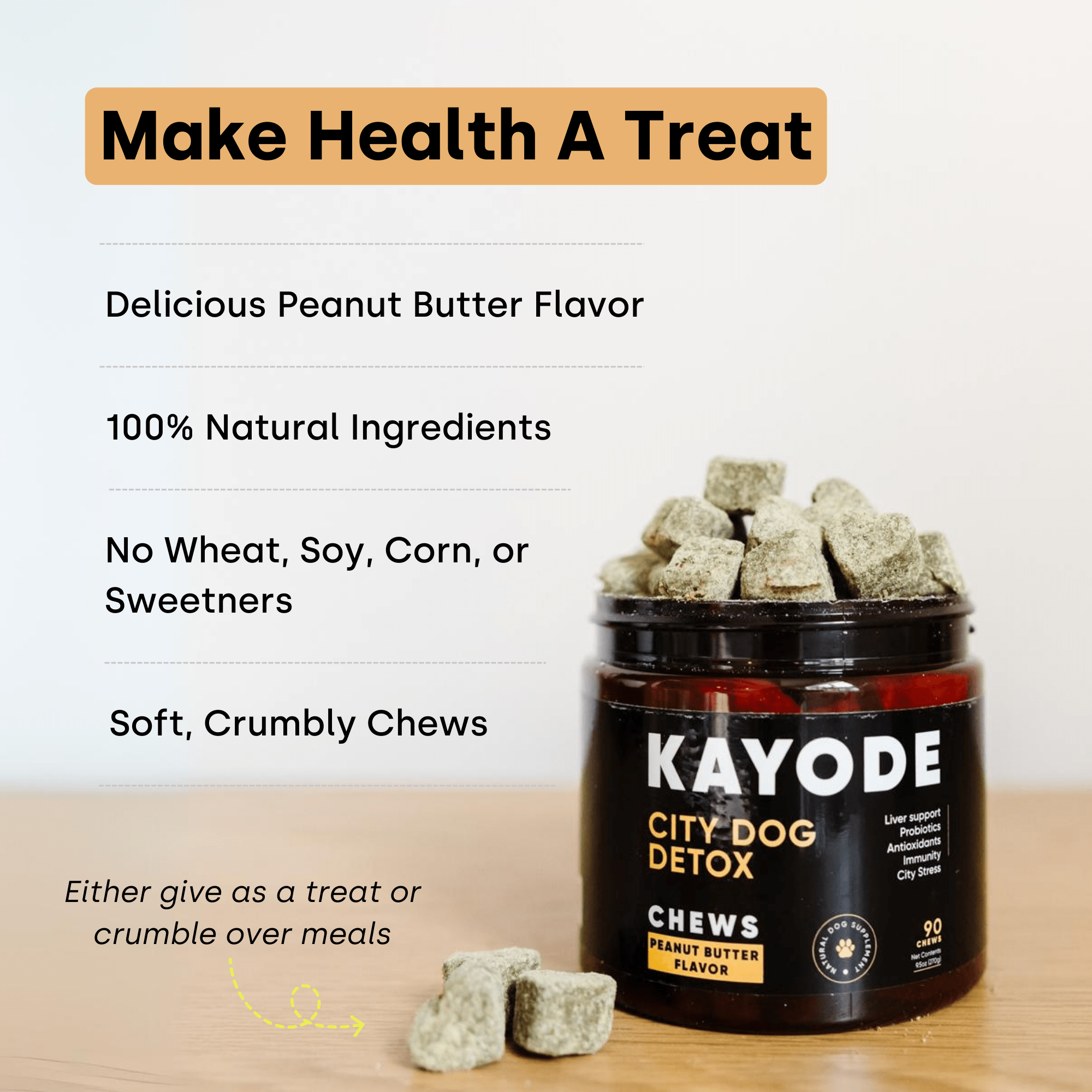 Container of Kayode Doggie Greens chews for dogs, promoting gut, skin, energy, and immunity.