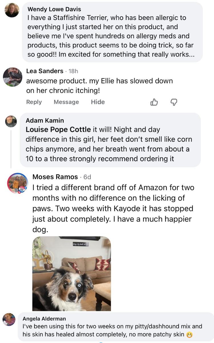 Facebook comments from Kayode customers about Bestie Balance